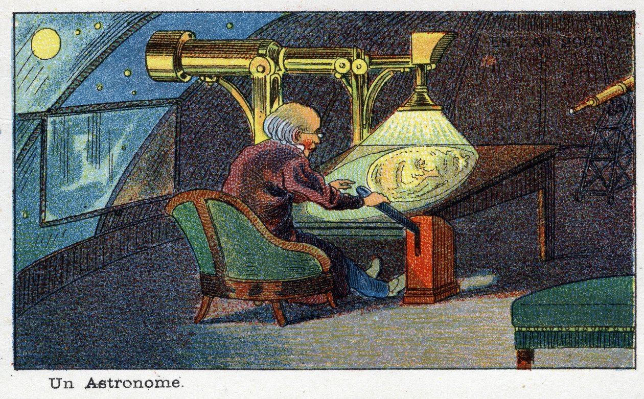 Futuredays: Wizja roku 2000 z XIX wieku Seria: Astronom (pracujący z konkretnym teleskopem). Chromolitografia autorstwa Villemarda autorstwa French School