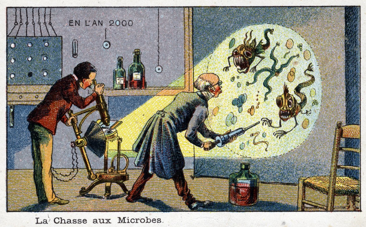 Futuredays: Wizja roku 2000 z XIX wieku Seria: The Hunting of Microbes (2 naukowców usuwających powiększone drobnoustroje za pomocą maszyny). Chromolitografia autorstwa Villemarda autorstwa French School