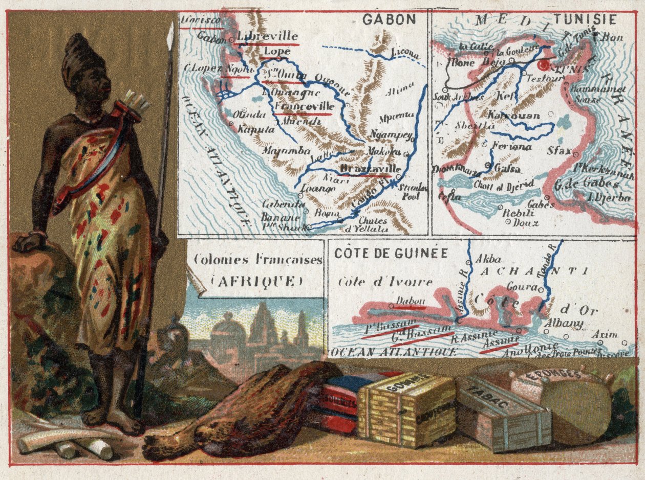 Gabon, Tunezja i Wybrzeże Gwinei w Afryce. Seria o koloniach francuskich. Surowiec: guma, gąbka, tytoń i jedwabie, kość słoniowa. Chromolitografia (Chromo) „”nić geograficzna””, ok. 1920 r. Zbiory prywatne. autorstwa French School