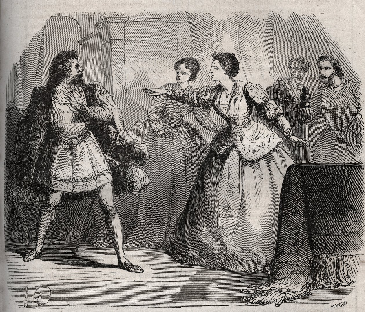 Gabrielle de Vergy kwestionuje swojego narzeczonego Eudes de Fayel, który jest zazdrosny o przyjaźń, jaką ma ze swoim kuzynem Albertem de Nozereau. Scena legendy z XII wieku. Grawer z 1871 r. w „Histoire Des Cocus Celebres” Henry
