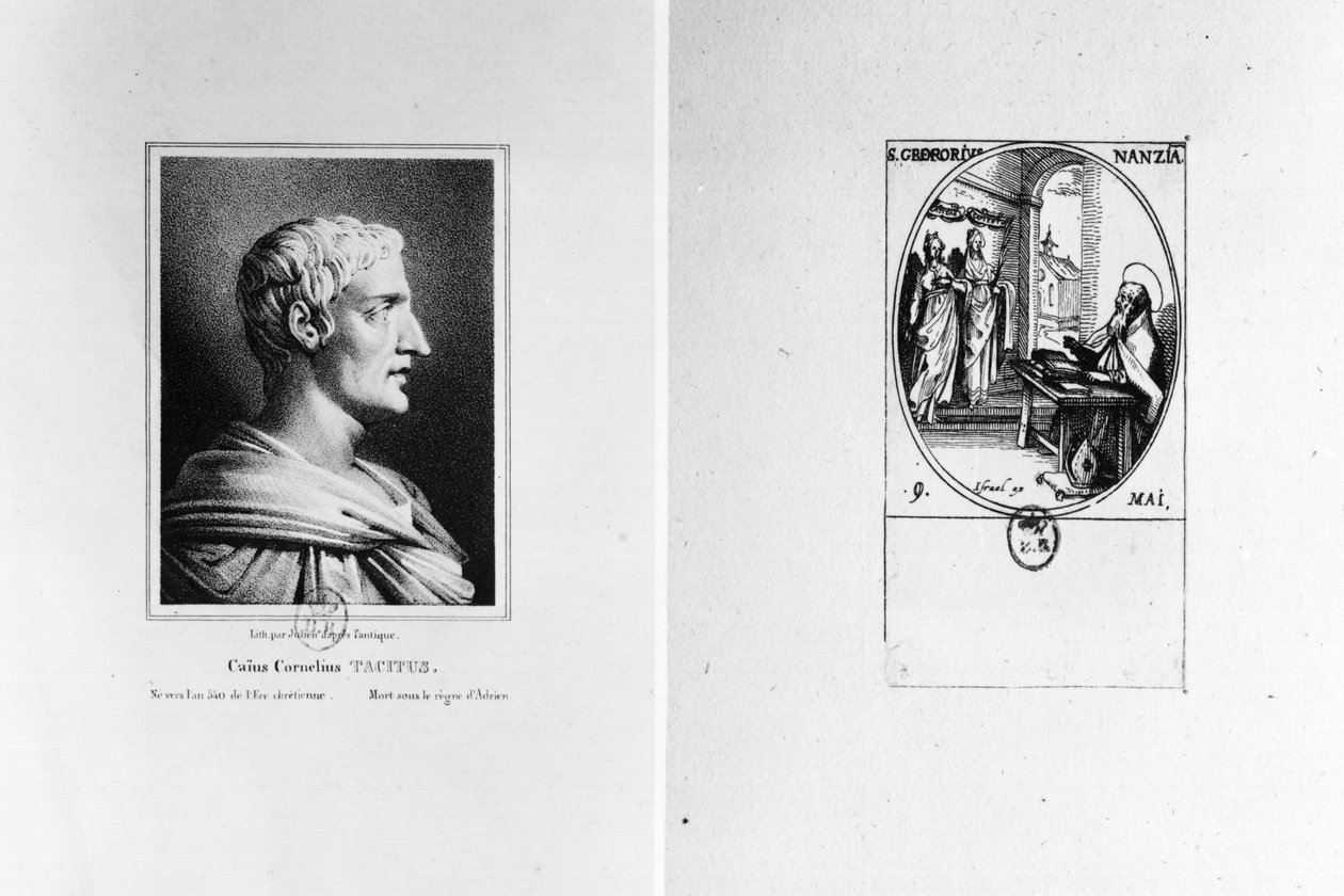 Gaius Cornelius Tacyt (AD 56-c.120) grawerowane przez Juliena i św. Grzegorza z Nazjanzu (ok. 329-c.390) grawerowane przez Izrael autorstwa French School
