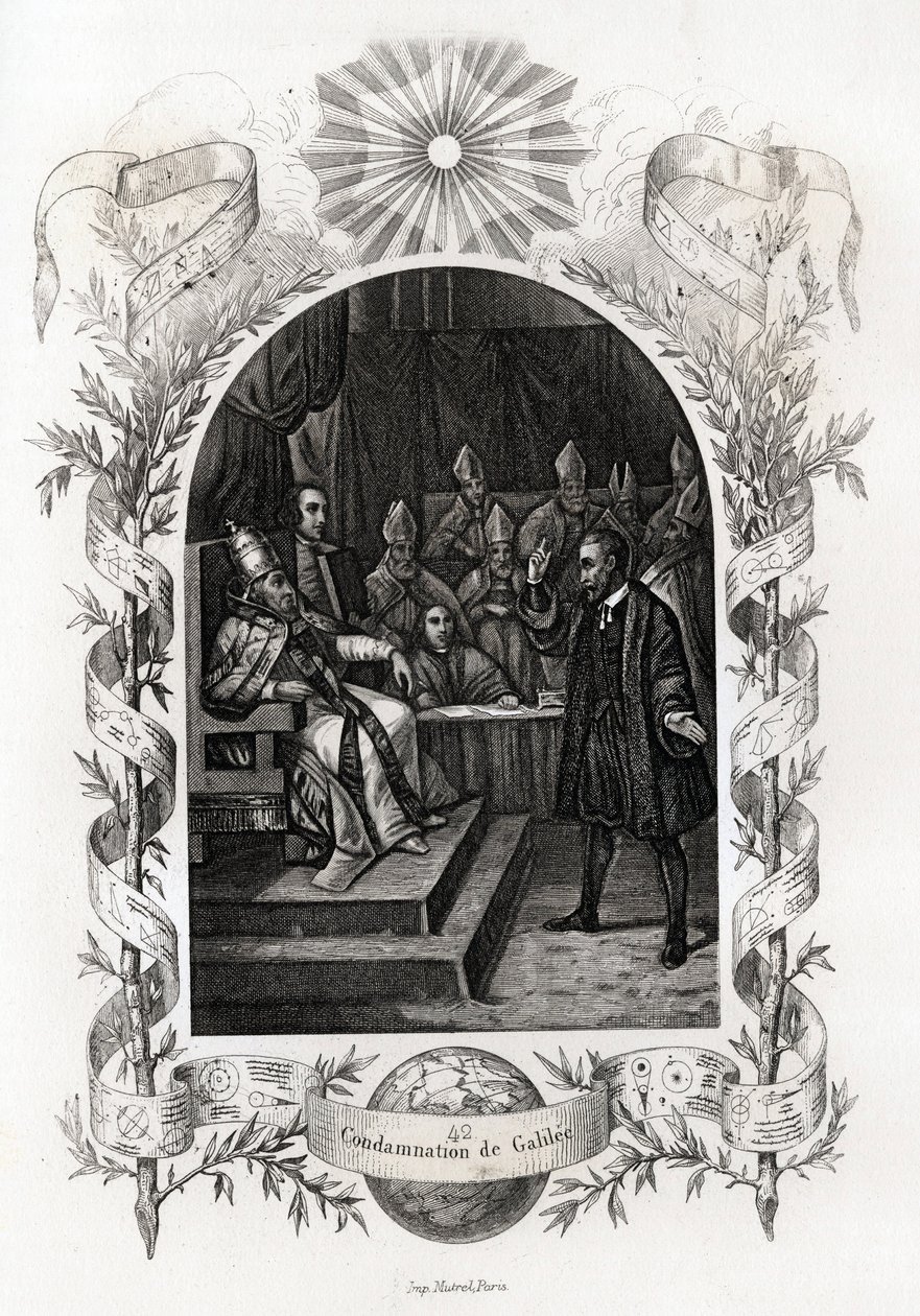 Galilea (lub Galileo Galilei (1564-1642)) przed Świętym Oficjum w Watykanie”” Astronom został skazany przez Trybunał Inkwizycji w 1632 roku. Grawer ilustrujący Histoire des Popes autorstwa Maurice Lachatre (1814-1900), librairie du progres, Paryż. autorstwa French School