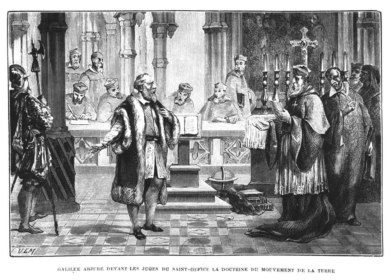 Galileusz (1564-1642) wycofuje swoją teorię ruchu ziemi przed sędziami Świętego Oficjum” autorstwa French School
