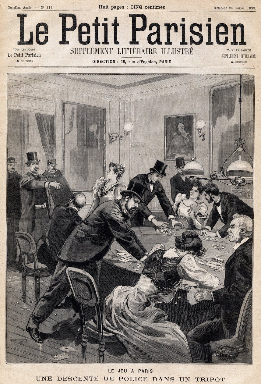Dom gier w Paryżu: nalot policji na klub hazardowy (kasyno). Jedna z gazet „Le Petit Parisien”” z dnia 26.02.1893 (rycina) autorstwa French School