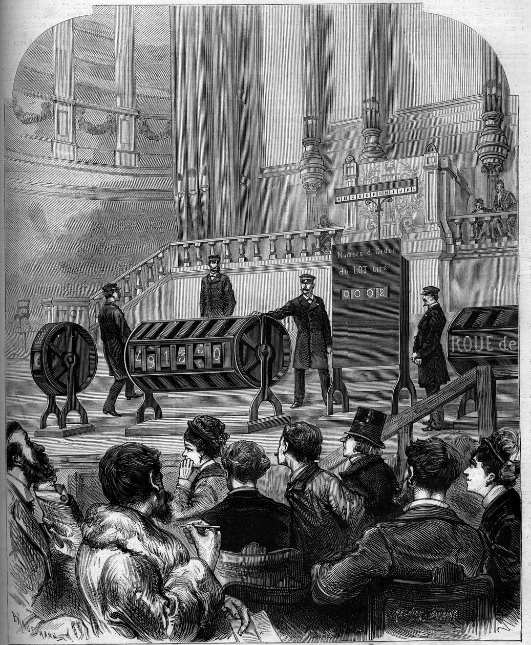 Gra losowa: losowanie Loterii Narodowej w sali świątecznej Trocadero 6 stycznia 1879 w Paryżu. Grawer w „Le Monde Illustré” nr 1140 z 1 lutego 1879 r. autorstwa French School