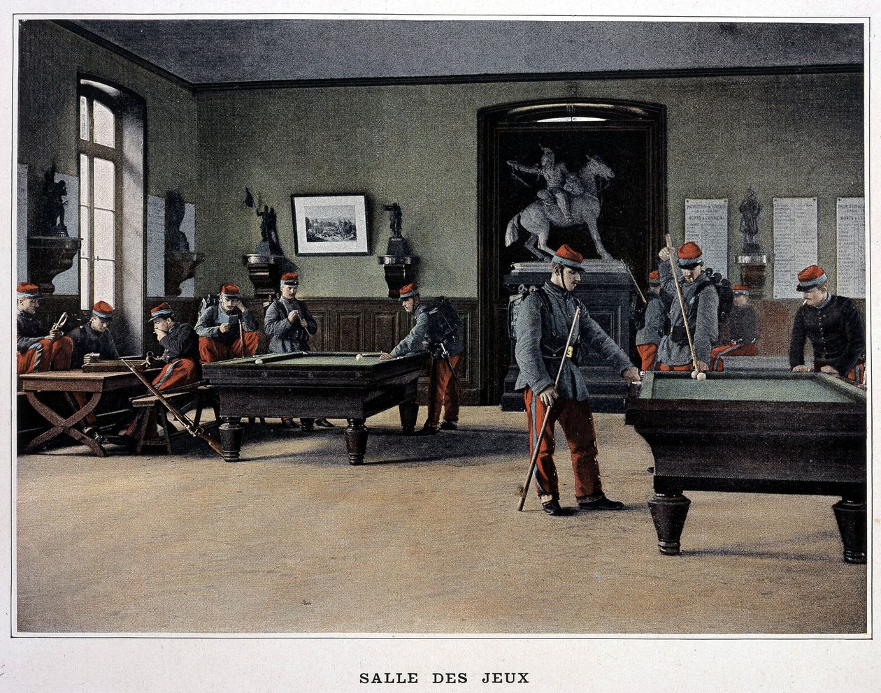Sala gier: żołnierze grający w bilard oraz – w „Album militaire”” – piechota autorstwa French School