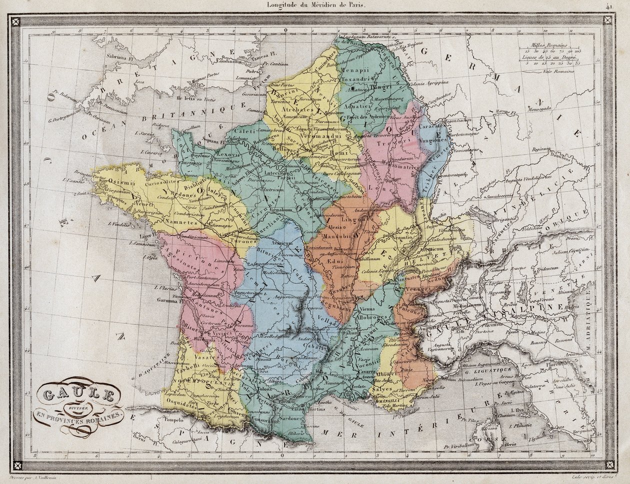 Galicja podzielona na prowincje rzymskie - Tabliczka wydobyta z „”Uniwersalnego Atlasu geografii starożytnej i nowożytnej dla szkół rezydenckich”” Vuillemina 1845 autorstwa French School