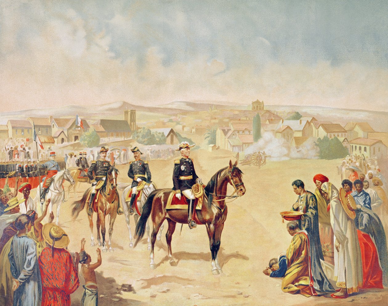 Generał Jacques Achille Duchesne (1837-1918) wjeżdżający do Tananarive, Madagaskar, 1 października 1895 (kolorowy grawerunek) autorstwa French School