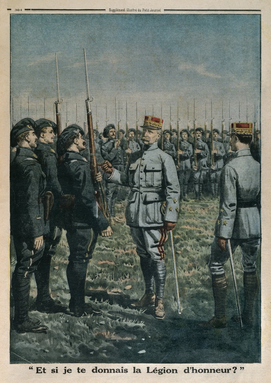Generał Petain przeprowadza inspekcję 42 Pułku Piechoty Górskiej, a co jeśli dam wam Legię Honorową, ilustracja na tylnej okładce z Le Petit Journal, dodatek ilustr., 23 września 1917 ( autorstwa French School