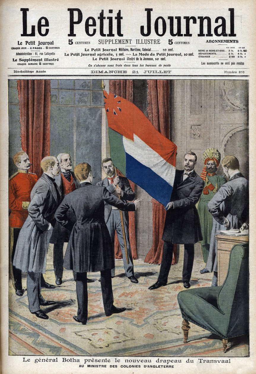 Generał Pieter Willem Botha (bur) przedstawia nową flagę Transwalu (RPA) angielskiemu ministrowi kolonialnemu Lordowi Elginowi - w „Le Petit Journal” z 21 lipca autorstwa French School