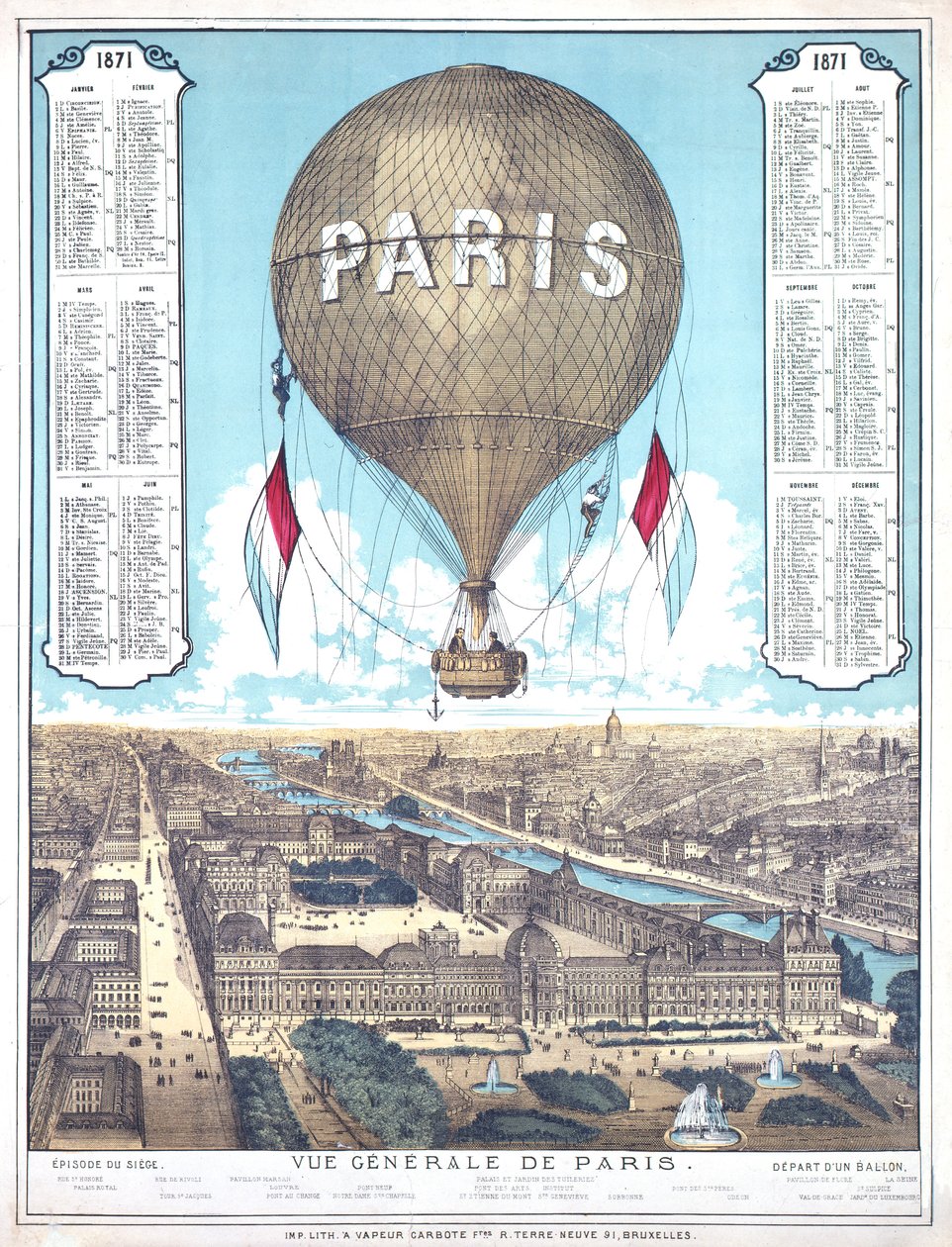 Ogólny widok Paryża i lista miejsc odlotów balonów podczas oblężenia Paryża, 1871 r autorstwa French School
