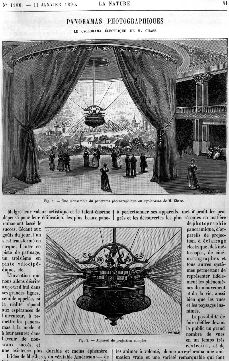 Ogólny widok cykloramy elektrycznej Chase, zaczerpnięty z La Nature, 1896 autorstwa French School