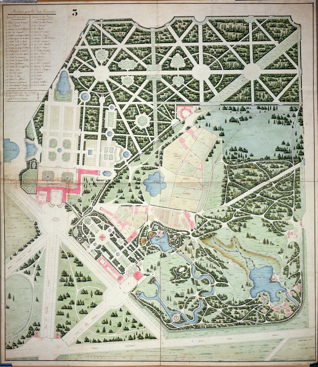 Plan ogólny parków dwóch pałaców Trianon, Wersal, początek XIX w. (pióro i atrament oraz toaleta na papierze) autorstwa French School