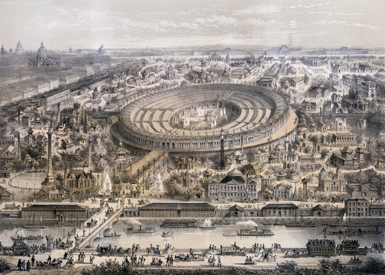 Widok ogólny Exposition Universelle w 1867 r. ze wzgórza Trocadero, Paryż, 1867 r. autorstwa French School