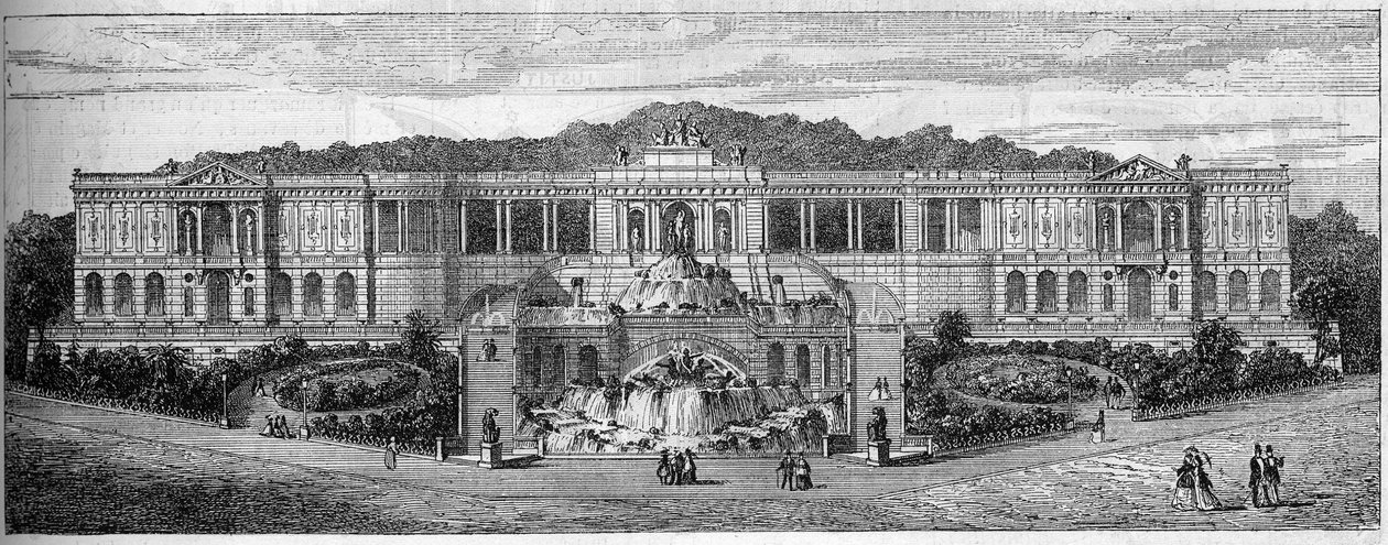 Widok ogólny Palais de Longchamp w Marsylii, Bouches du Rhone (13), tak jak wyobrażał sobie Frederic Auguste Bartholdi (1834-1904) w 1859 r. Grawer „” Le Monde Illustré” nr 681 z 30 kwietnia autorstwa French School
