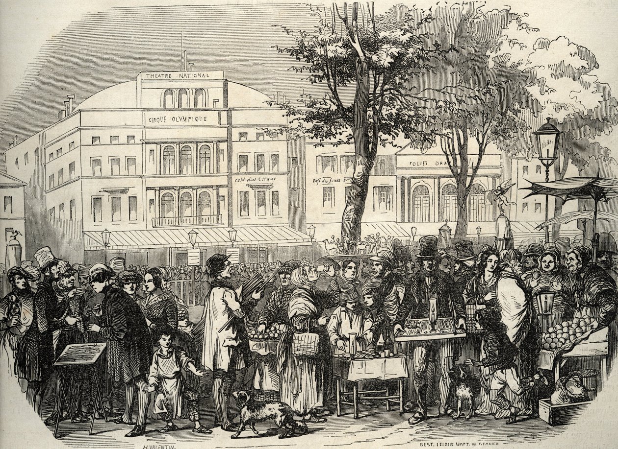 Widok ogólny na boulevard du Temple w Paryżu - uliczni sprzedawcy - Paryż - Ogólny widok na boulevard du Temple - Kupcy ambulanty - Grawerowanie w „Tableau-de-Paris” autorstwa Edmonda Texiera 1852 autorstwa French School