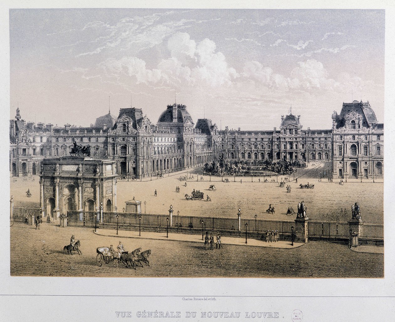 Widok ogólny nowego Luwru: Arc du Carrousel - Rycina XIX wieku. autorstwa French School