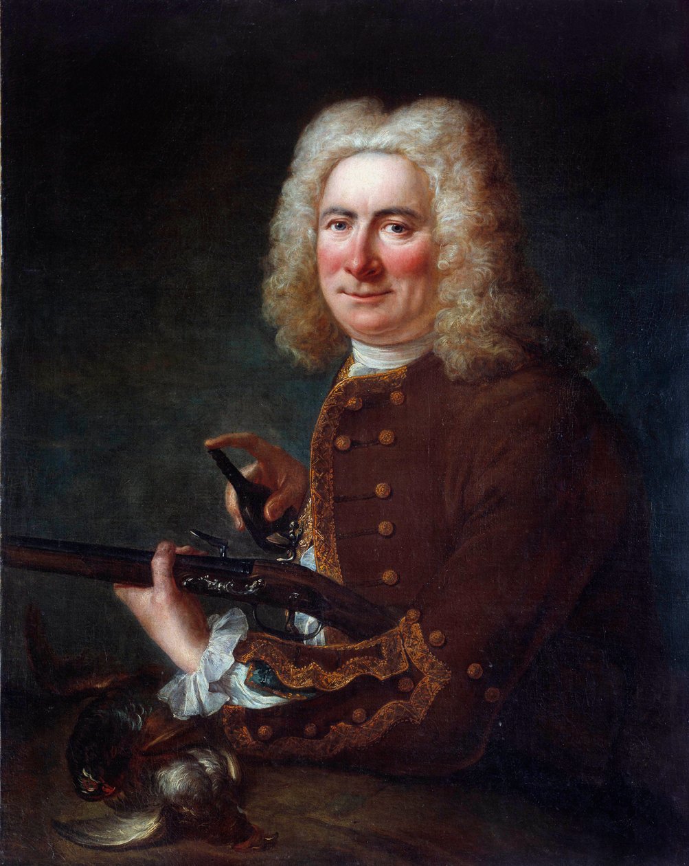 Pan z karabinem krzemiennym. Anonimowy obraz z XVIII wieku. Gien, Musee de la chasse - Dżentelmen z pistoletem skałkowym. Anonimowy obraz z XVIII wieku. Muzeum Łowiectwa, Gien, Francja autorstwa French School