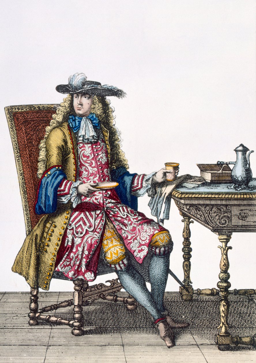 Gentlemans Elaborate Outfit, 1760 88: Dżentelmeńska wyszukana haftowana kamizelka, płaszcz i kapelusz; 99:mężczyzna; strój tradycyjny; strój tradycyjny; moda; c18th; siedzący; biurko; patka autorstwa French School