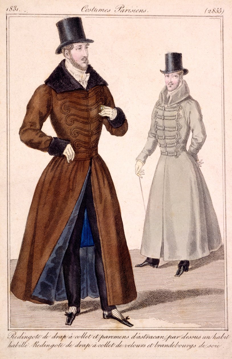 Zimowe płaszcze dżentelmenów, z kostiumów Parisiens 1779 autorstwa French School