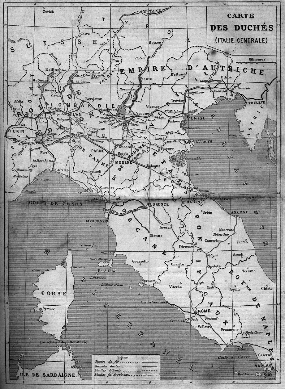 Mapa geograficzna księżnej środkowych Włoch w 1860 r. Grawer w „”Le Monde Illustré””n°143 z 7 stycznia 1860 r. autorstwa French School