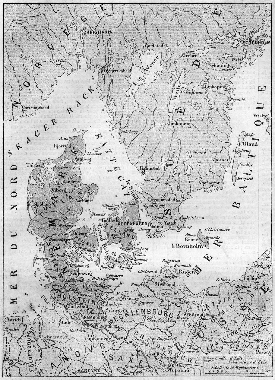 Mapa geograficzna Danii z 1861 r. z księżną Schleswig, Holstein i Lauenburg. Grawer w „Le Monde Illustré” nr 200 z dnia 9 lutego 1861 r. autorstwa French School