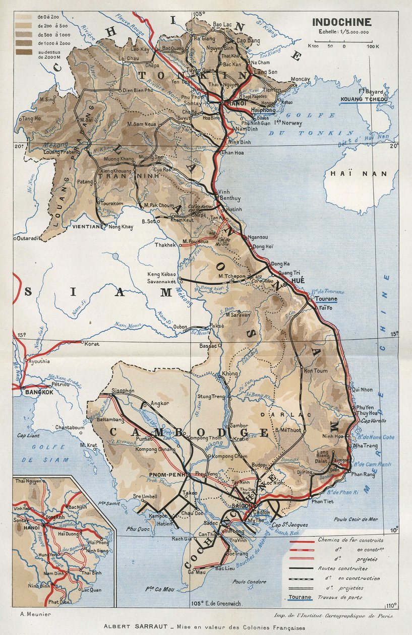 Mapa geograficzna Indochin. W "La mise en valeur des colonies francaises", Albert Sarraut autorstwa French School