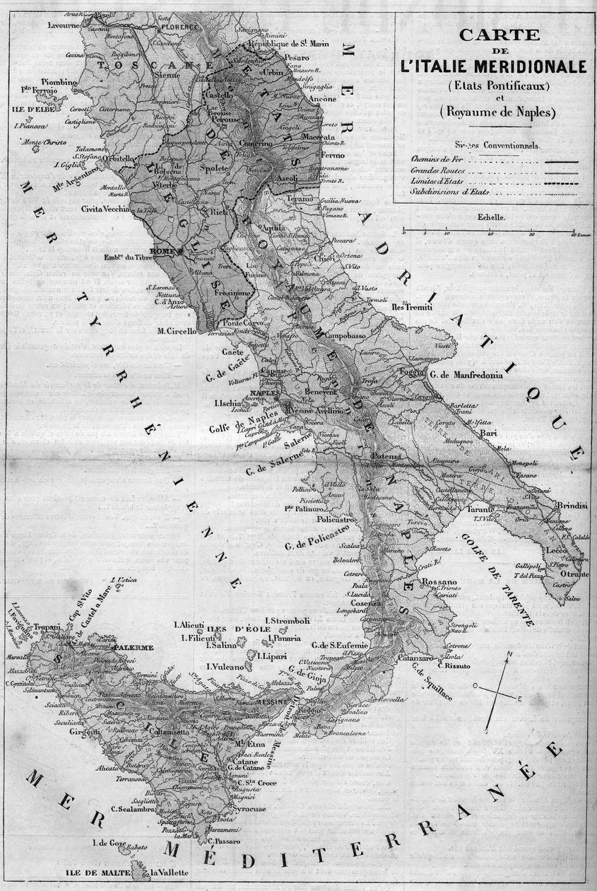 Mapa geograficzna Południowych Włoch w 1860 r.: Państwa Papieskie i Królestwo Neapolu. Grawer w „”Le Monde Illustré””n°163 z 26 maja 1860 r. autorstwa French School