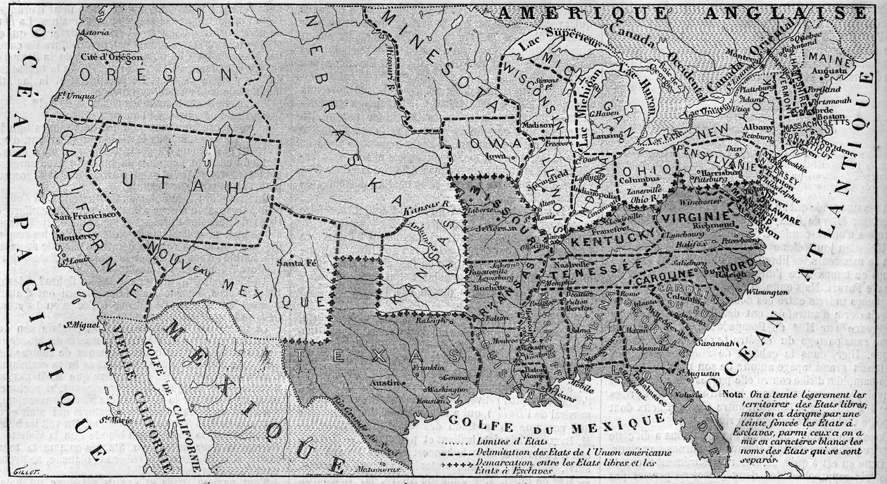Mapa geograficzna Stanów Zjednoczonych Ameryki w marcu 1861 r. W biegu reprezentowane są stany niewolnictwa. Napisane na biało nazwy siedmiu stanów konfederackich, które odłączyły się od Unii: Teksas, Karolina Południowa, Mississippi, Floryda, Alabama, Geo autorstwa French School