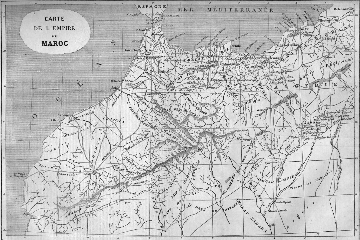 Mapa geograficzna imperium Maroka w 859 r. Grawerowanie w „”Le Monde Illustré””n°129 z 1 października 1859 r. autorstwa French School