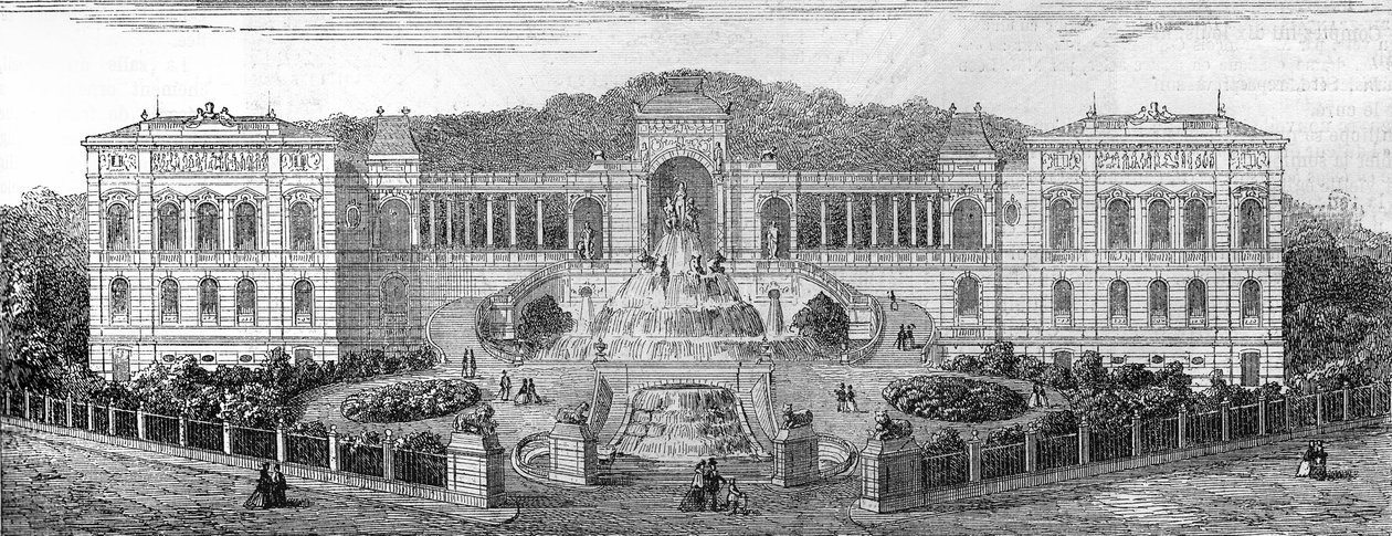 Widok geometryczny Palais de Longchamp w Marsylii, Bouches du Rhone (13), zbudowany w 1862 roku przez Henri Jacquesa Esperandieu (1829-1874). Grawerowanie w „” Świat Ilustrowany”” n°681 z 30 kwietnia autorstwa French School