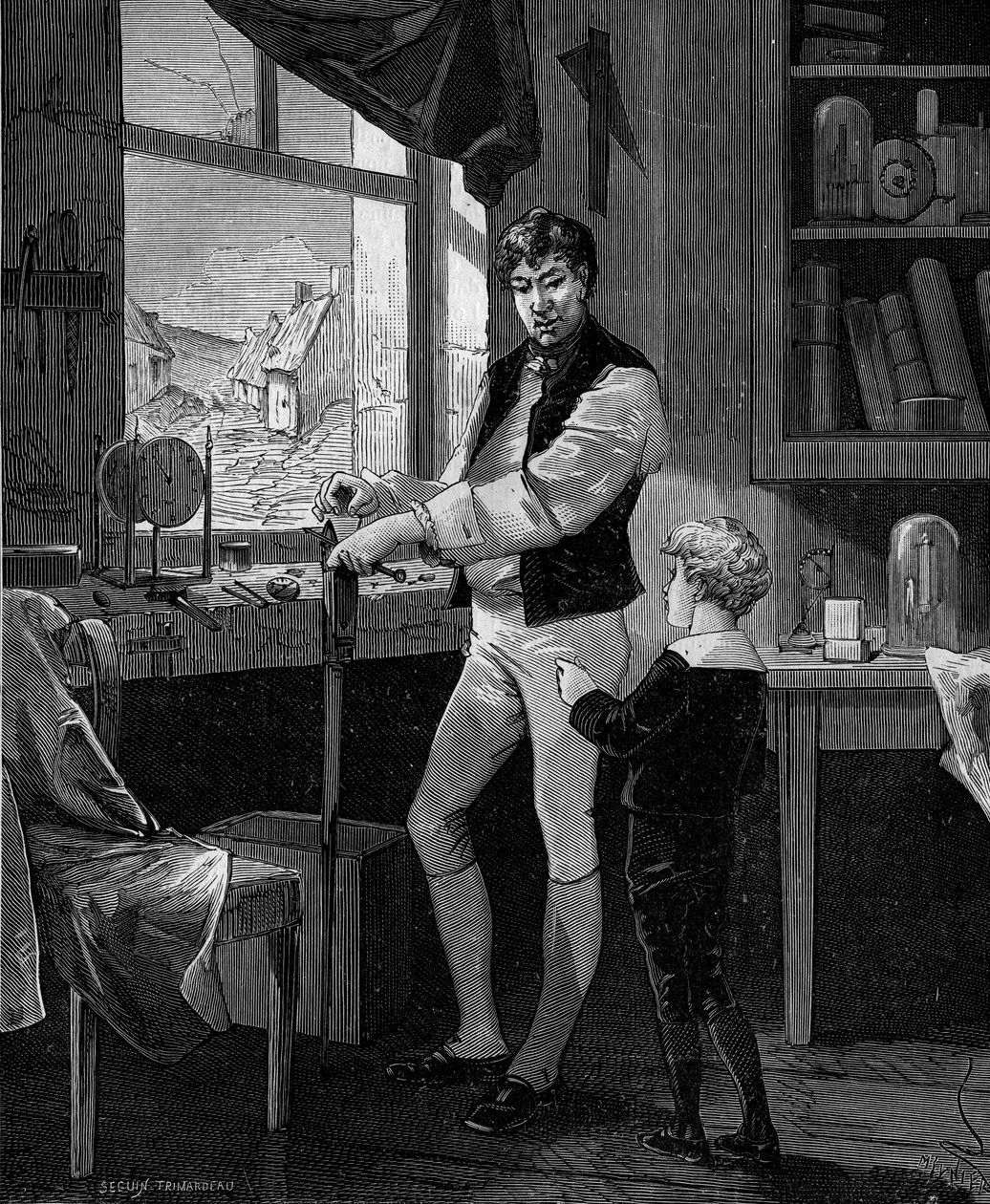 George Stephenson, brytyjski inżynier (1781-1848) z synem. autorstwa French School