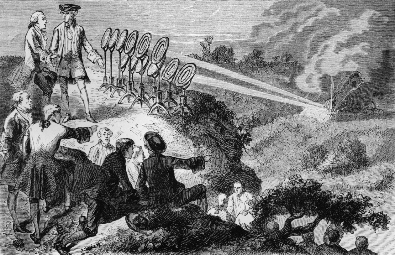 Georges-Louis Leclerc (1707-88) Hrabia de Buffon eksperymentuje z płonącymi lustrami na stogach siana w Montbard, z La Vie des Savants Illustres Louisa Figuiera, opublikowanej w Paryżu w 1872 roku (bw p autorstwa French School