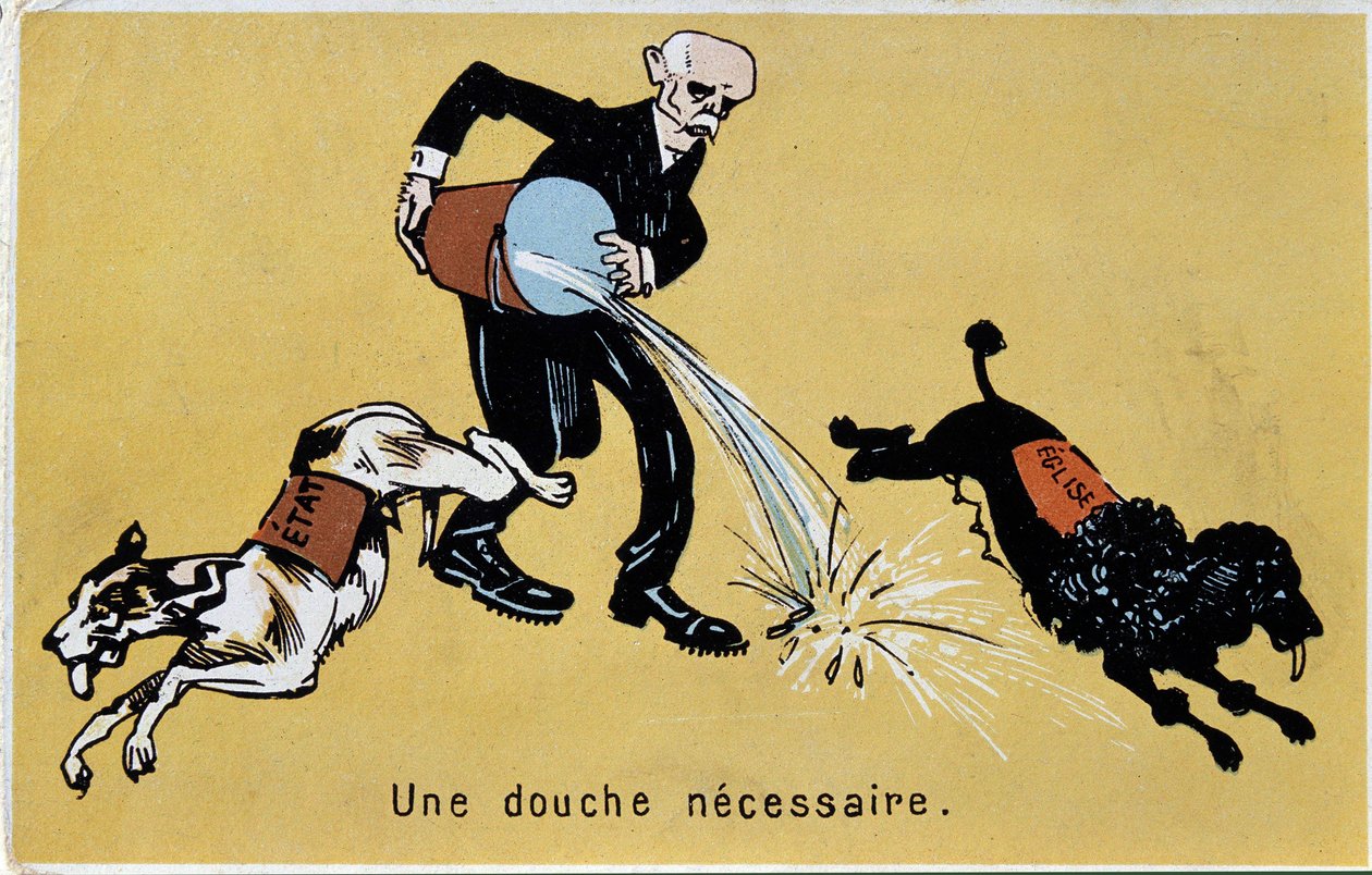 Georges Clemenceau oddziela Kościół od państwa skokiem do wody dla dwóch psów autorstwa French School