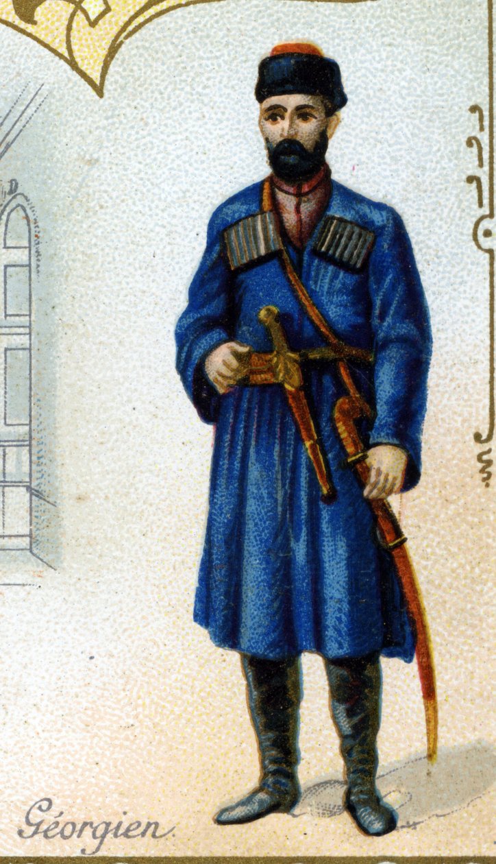 Gruziński mężczyzna. Wydanie litografii paryskiej, koniec XIX wieku. Seria 25 farb reklamowych do manufaktury Biscuits Pernot w Dijon, stworzona w 1869 roku. Szczegóły postaci w strojach ludowych autorstwa French School