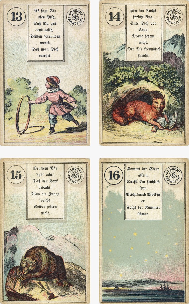 Niemieckie wydanie francuskiej talii kartomancji Lenormand: Dziecko, lis, niedźwiedź, gwiazda, wydane przez Dondorf, Frankfurt, XIX w. autorstwa French School