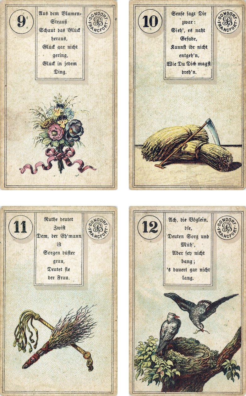 Niemieckie wydanie francuskiej talii kartomancji Lenormand: Kwiaty, Kosa, Wędka brzozowa, Bicz, Ptaki, wyd. Dondorf, Frankfurt, XIX w. autorstwa French School