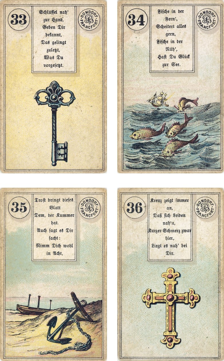 Niemieckie wydanie francuskiej talii kartomancji Lenormand: Klucz, Ryba, Kotwica, Krzyż, wyd. Dondorf, Frankfurt, XIX w. autorstwa French School