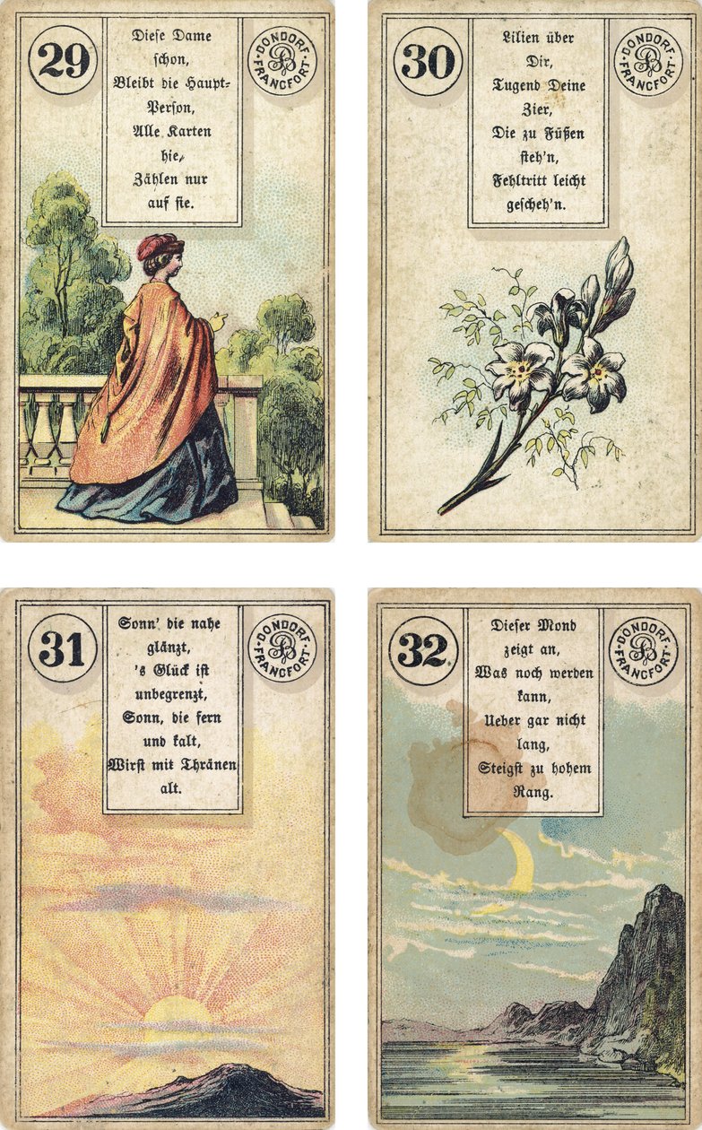 Niemieckie wydanie francuskiej talii kartomancji Lenormand: Dama, LilieLilia, Słońce, Księżyc, wyd. Dondorf, Frankfurt, XIX w. autorstwa French School