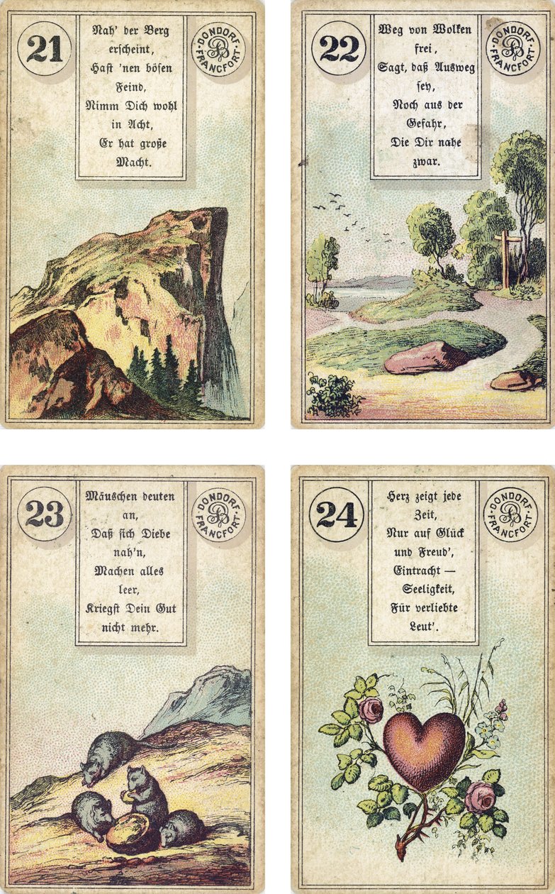 Niemieckie wydanie francuskiej talii kartomancji Lenormand: Góra, Droga, Myszy, Serce, wydane przez Dondorf, Frankfurt, XIX wiek autorstwa French School