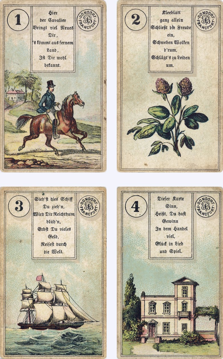 Niemieckie wydanie francuskiej talii kartomancji Lenormand: Jeździec, Koniczyna, Statek, Dom, wyd. Dondorf, Frankfurt, XIX w. autorstwa French School