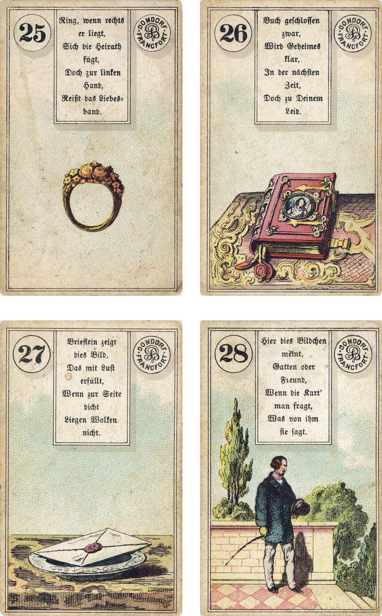 Niemieckie wydanie francuskiej talii kartomancji Lenormand: Pierścień, Księga, List, Dżentelmen, wyd. Dondorf, Frankfurt, XIX w. autorstwa French School