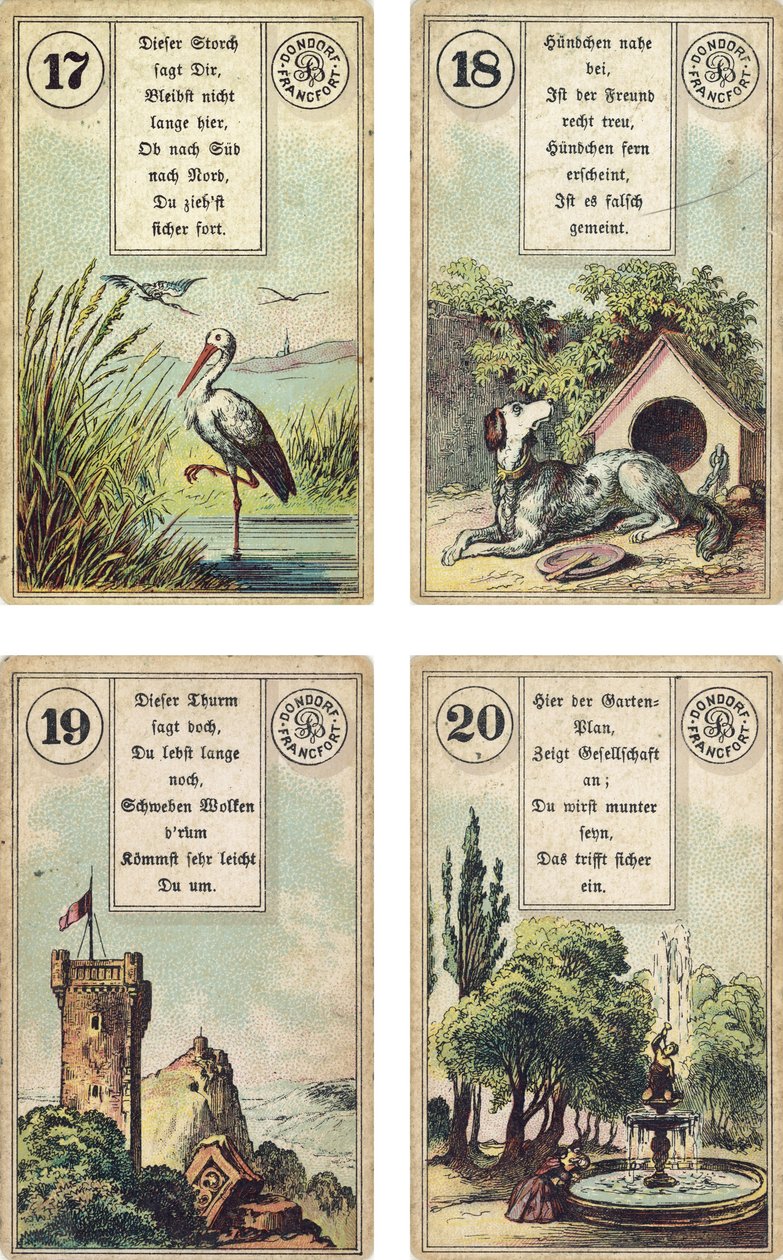 Niemieckie wydanie francuskiej talii kartomancji Lenormand: Bocian, Pies, Wieża, Ogród, wyd. Dondorf, Frankfurt, XIX w. autorstwa French School