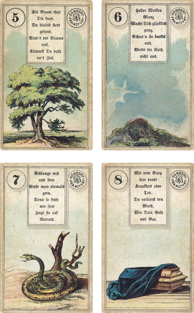 Niemieckie wydanie francuskiej talii kartomancji Lenormand: Drzewo, Chmury, Wąż, Trumna, wydane przez Dondorf, Frankfurt, XIX w. autorstwa French School