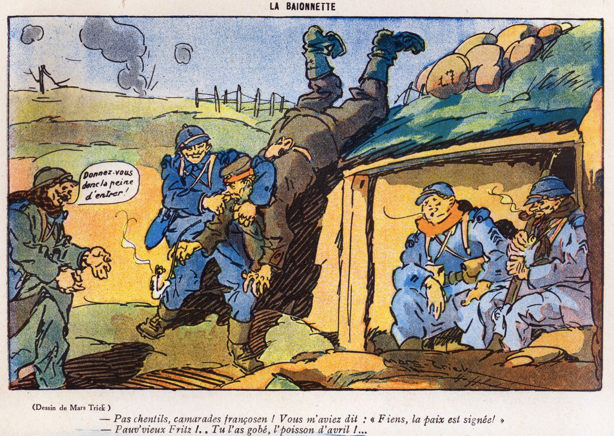 Niemiecki żołnierz schwytany przez francuskich żołnierzy w wyniku podstępu, karykatura z Prima Aprilis (Poisson dAvril) wydanie magazynu La Baionette, 29 marca 1917 autorstwa French School