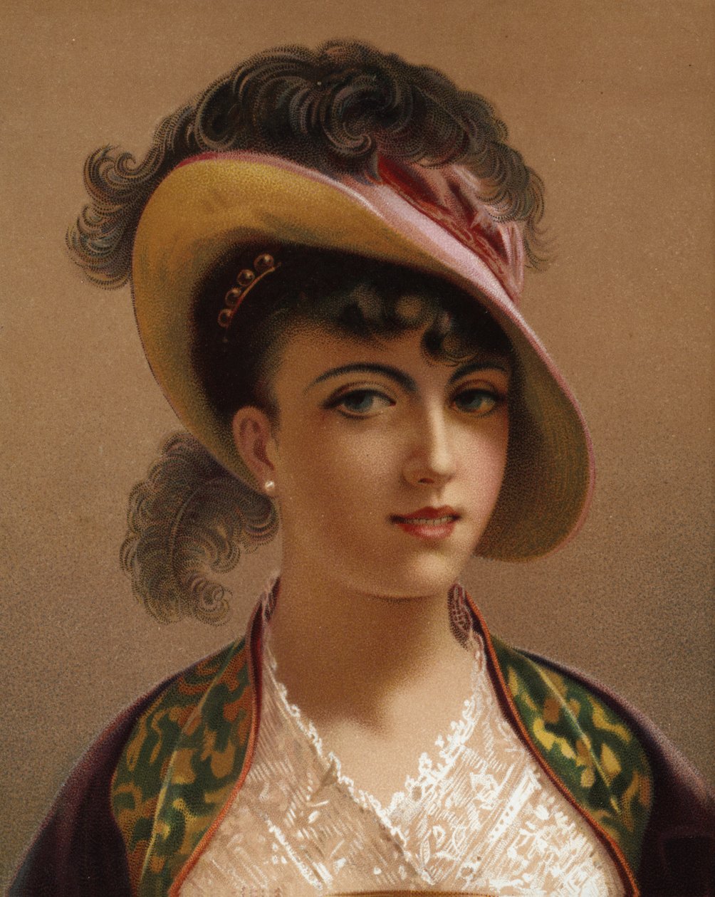 Dziewczyna w różowym kapeluszu (chromolitho) autorstwa French School