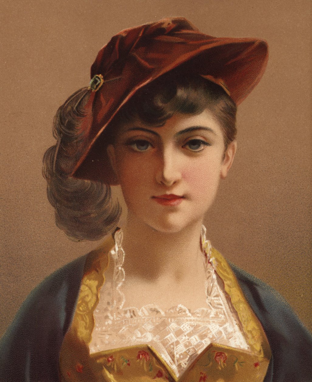 Dziewczyna w czerwonej aksamitnej czapce (chromolitho) autorstwa French School