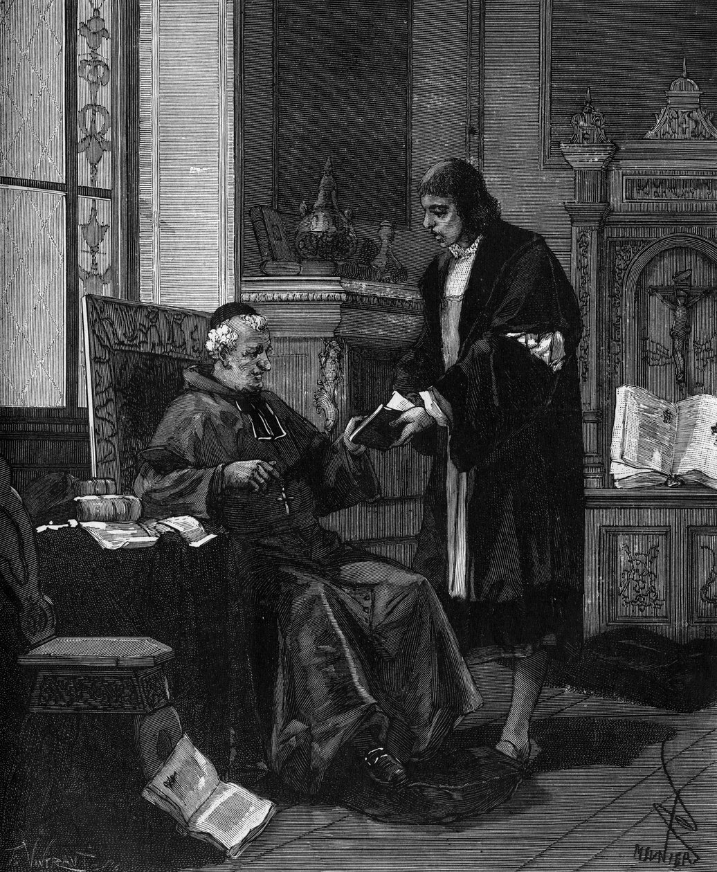 Girolamo Fracastoro znany jako FRACASTOR (1478-1553). Włoski humanista i lekarz przedstawiający swój wiersz kardynałowi Bembo. autorstwa French School