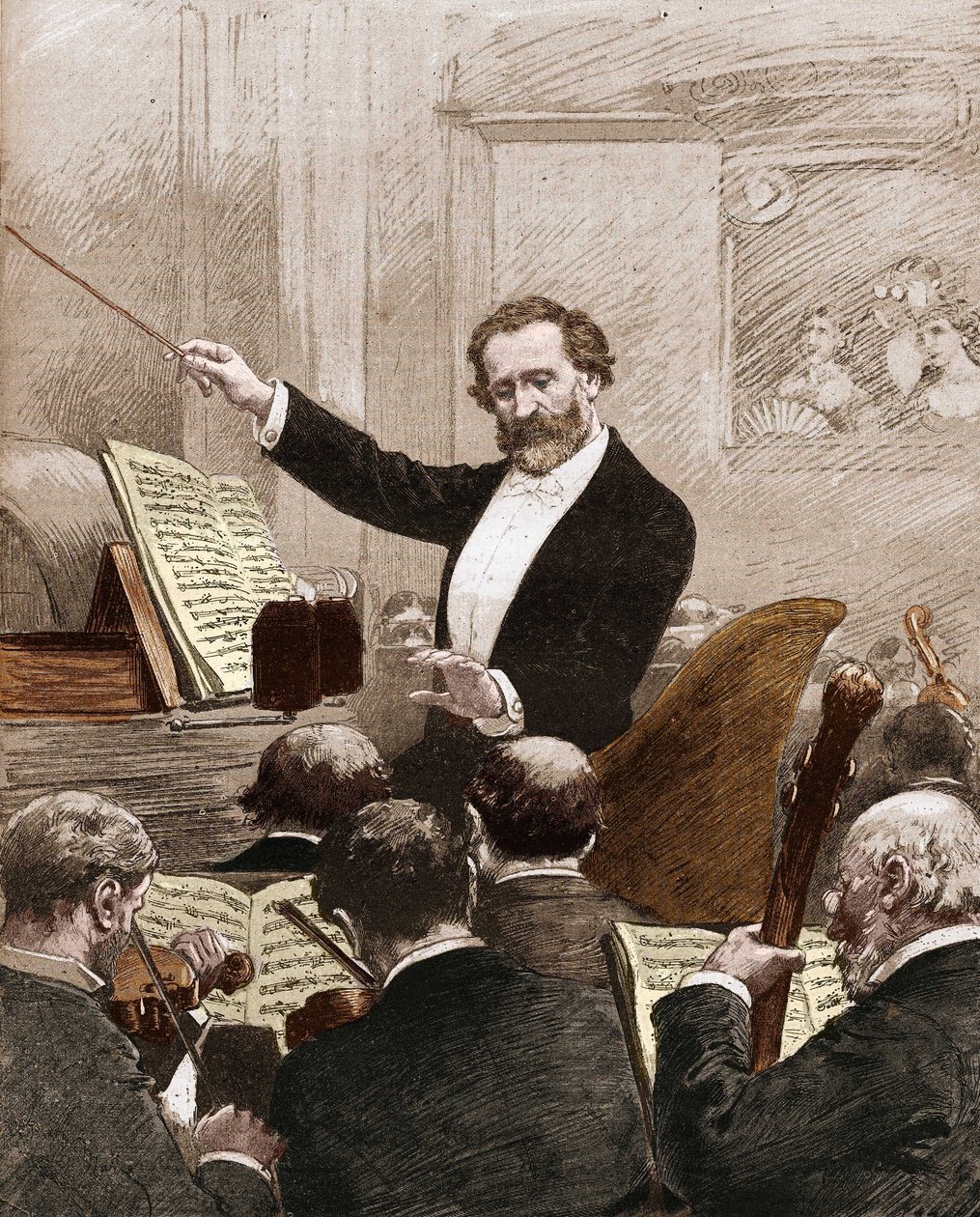 Giuseppe Verdi prowadzący orkiestrę operową do pierwszej reprezentacji „Aidy” w Paryżu w 1880 roku. autorstwa French School