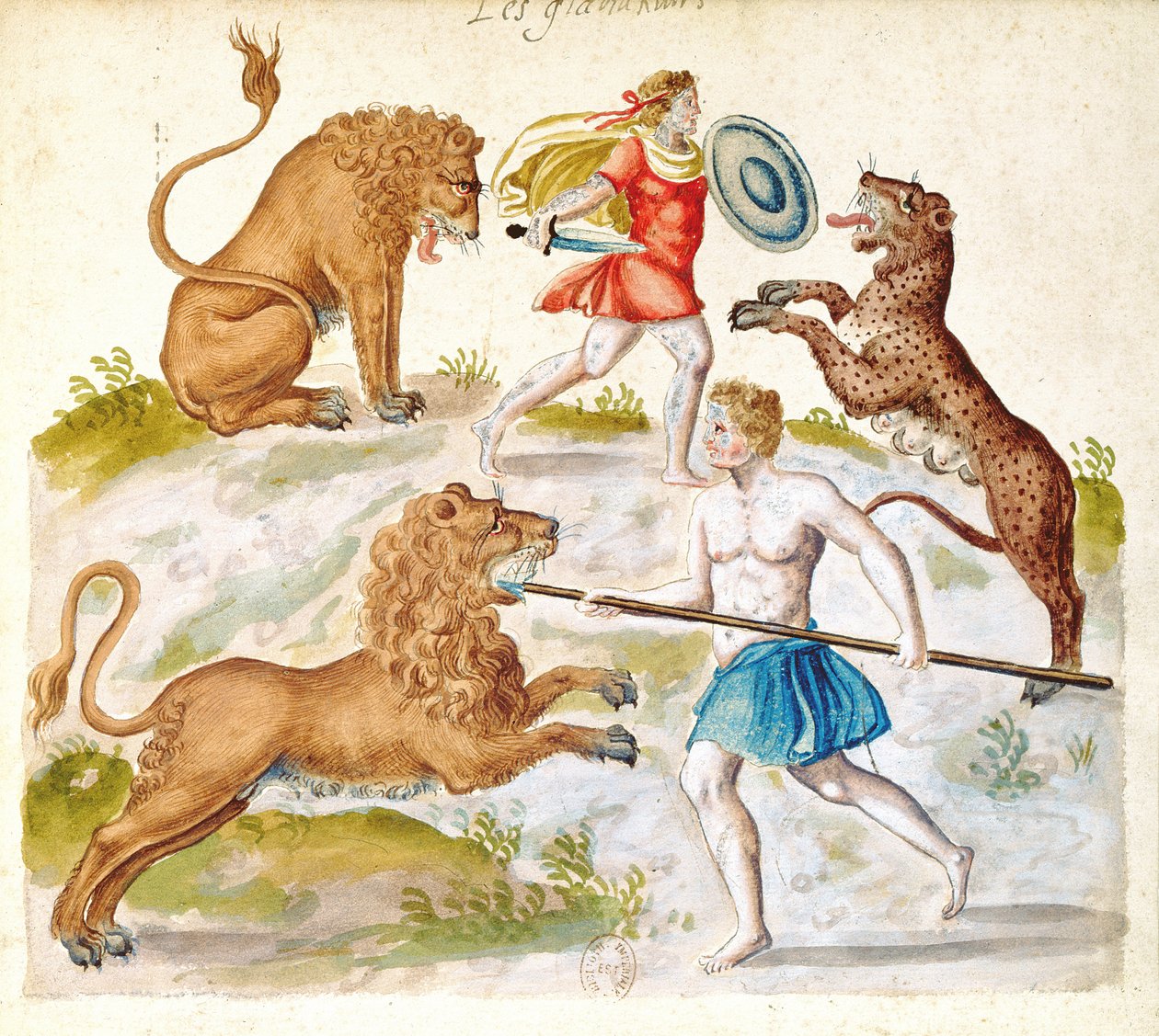 Gladiatorzy walczący ze zwierzętami (wc na papierze) autorstwa French School
